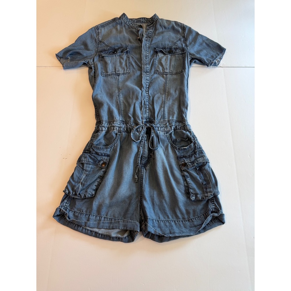 Blank NYC Tencel Denim Cargo Romper Blue Short‎ Sleeve Utility Small